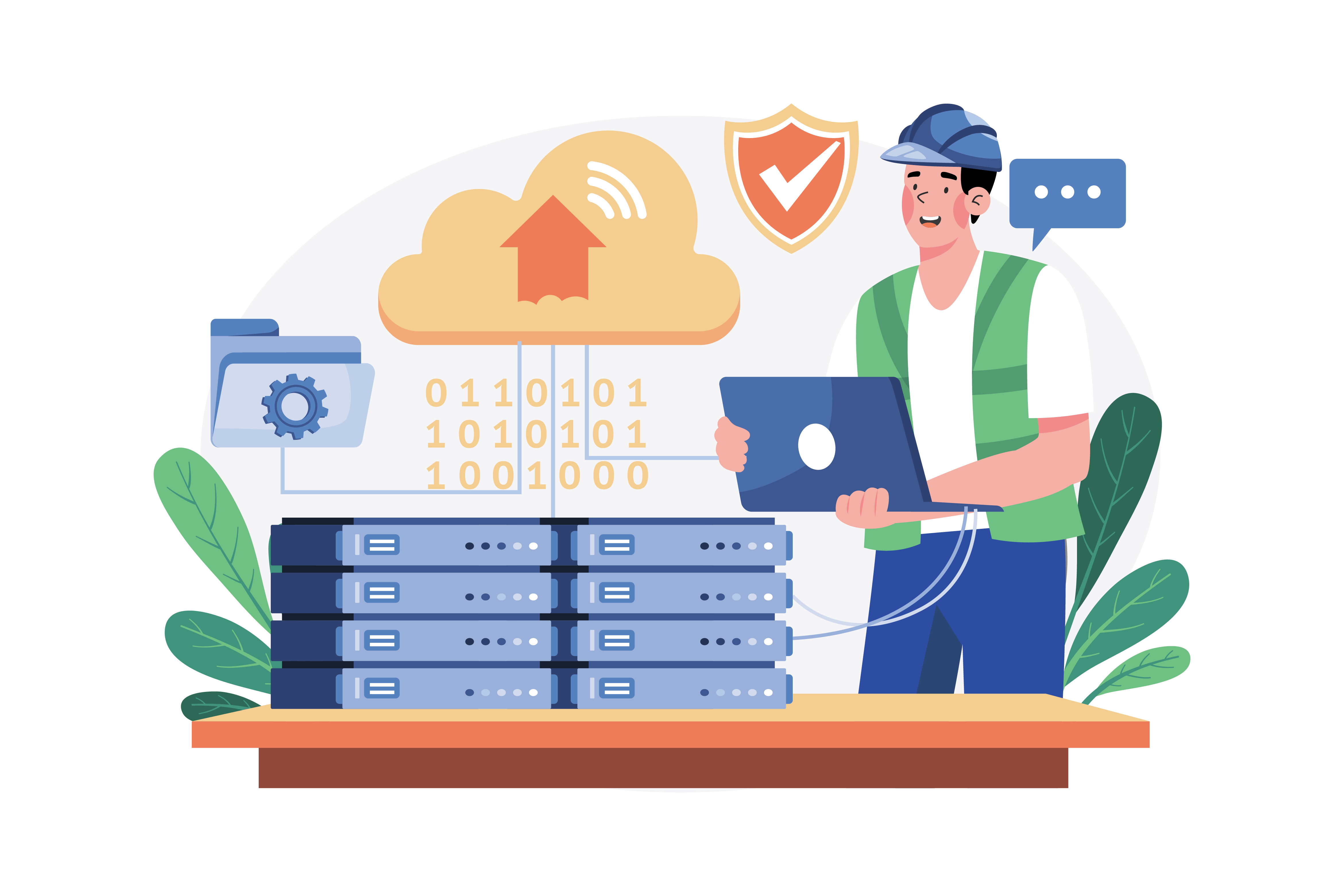 Techniker verwaltet Cloud-Server mit Laptop
